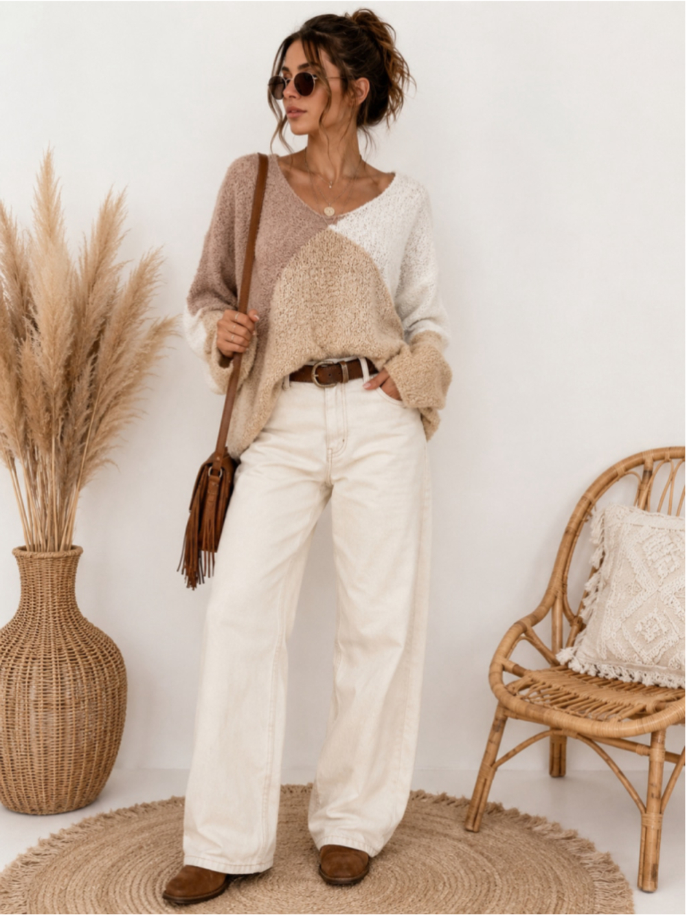 J.Jill Handknit Colorblock Sweater MP Beige